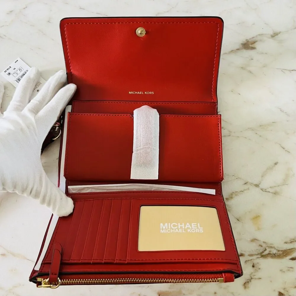 MICHAEL KORS Jet Set Charm Red Terracotta Leather Flap Phone Wallet Wristlet